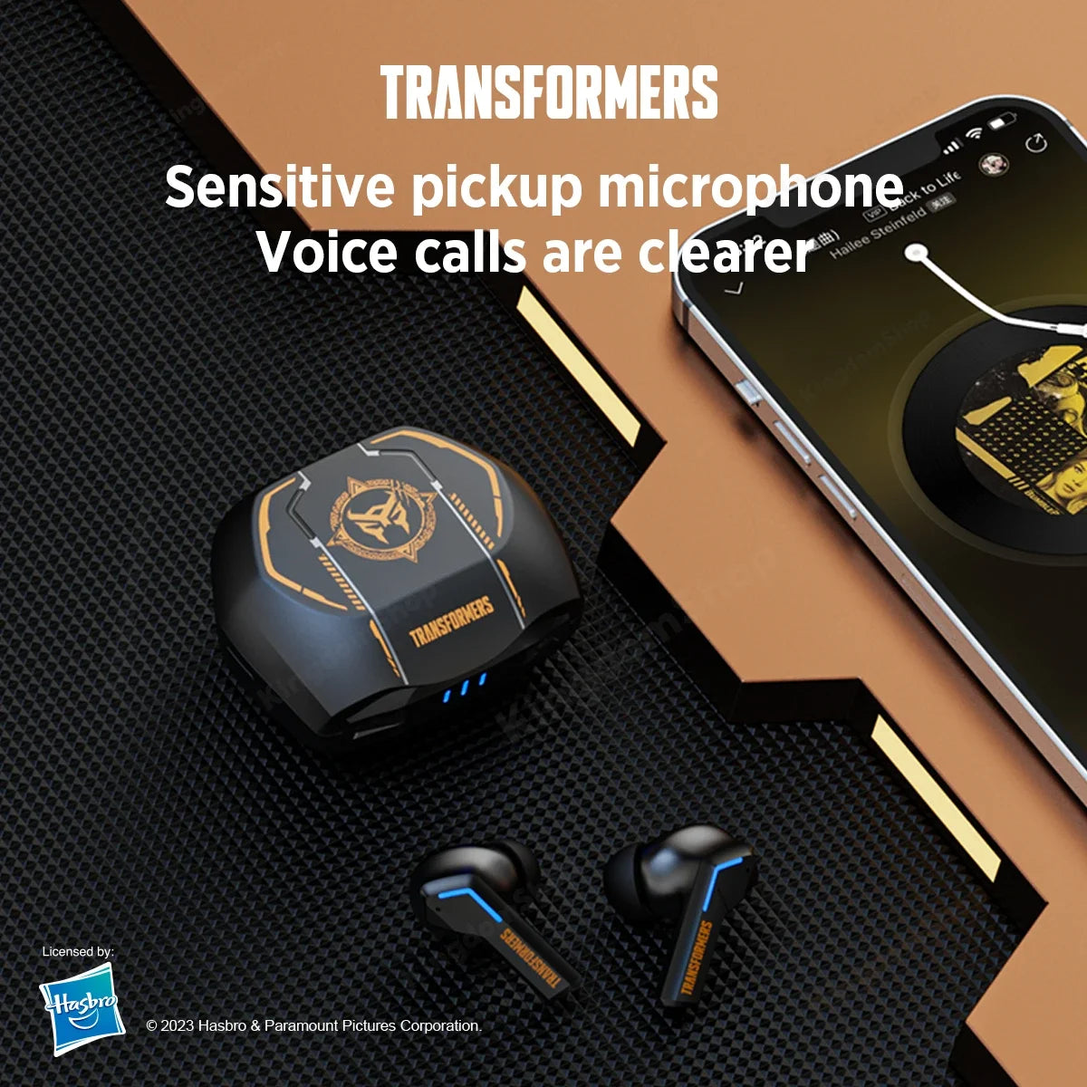 Transformers TF-T06 Bluetooth earbuds with sensitive microphone for clear voice calls.
