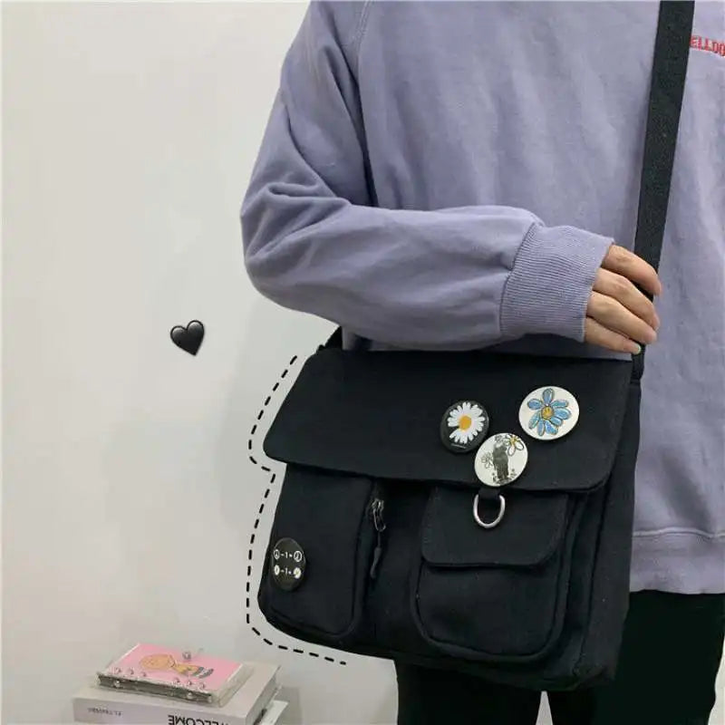 Cute Canvas Shoulder Bag for Women – Harajuku Crossbody Messenger Pouch, Casual Small Bag for Girls
