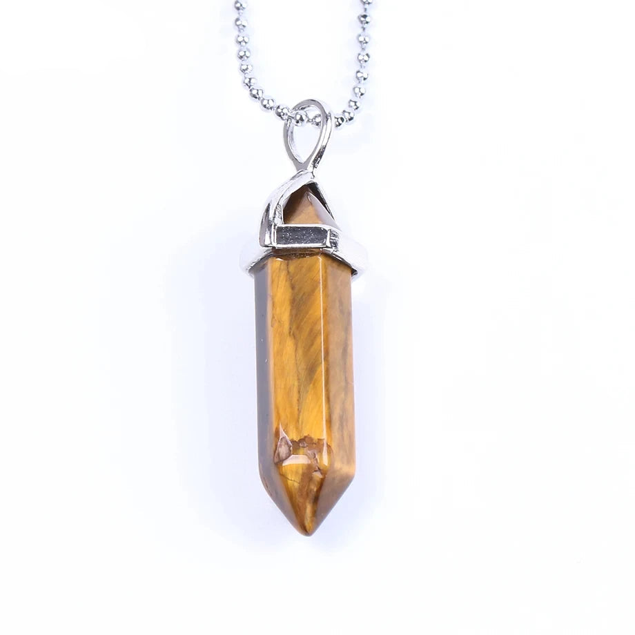 Natural Gemstone Hexagonal Bullet Necklace Quartz Crystal Pendant Chakra Healing Reiki Jewellery