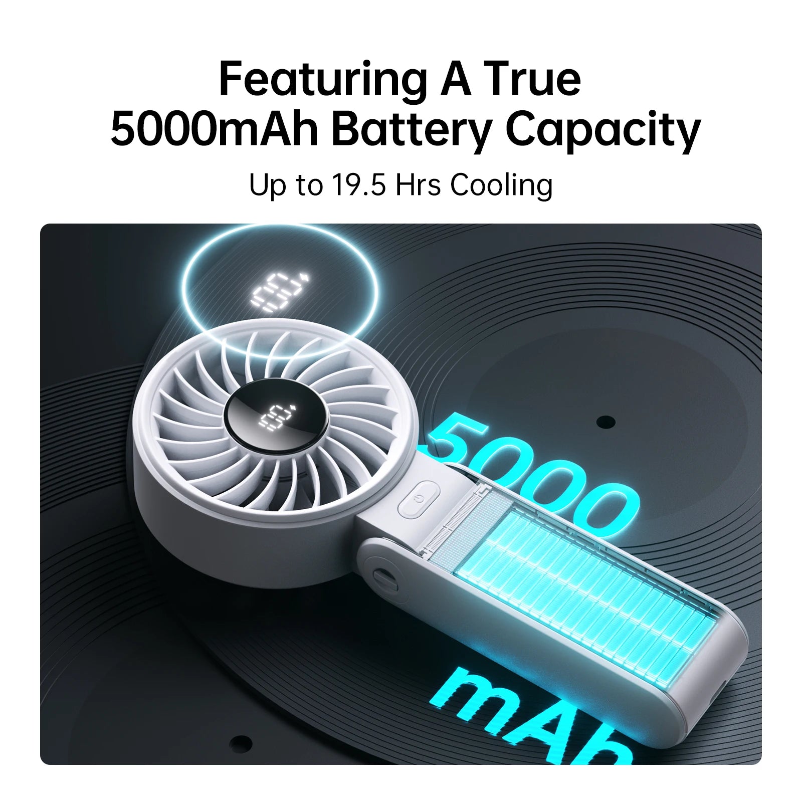 JISULIFE Portable Handheld Fan with LED Display, 5000mAh Battery, 5 Speed Modes, Foldable 3-in-1