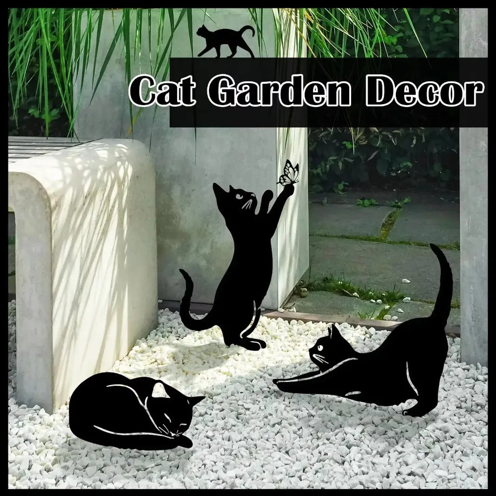 Exclusive Cute Cat Garden Silhouette – Tiki-Inspired Cat Family Garden Stakes Outdoor Decor Statues
