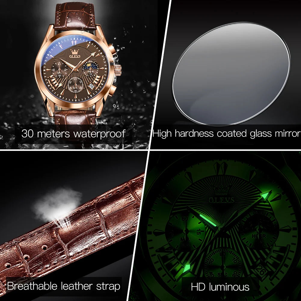 OLEVS Luxury Men’s Quartz Watch Waterproof Chronograph Wristwatch with Leather Strap for Business