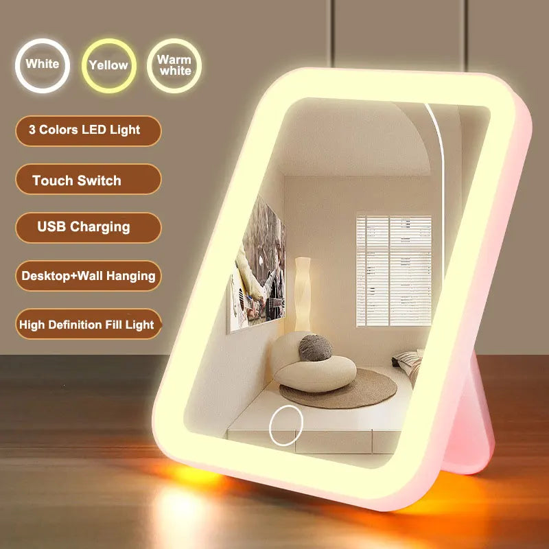 LED Vanity Mirror Portable 3 Colours Touch Screen USB Rechargeable Dimmable Makeup Mirror