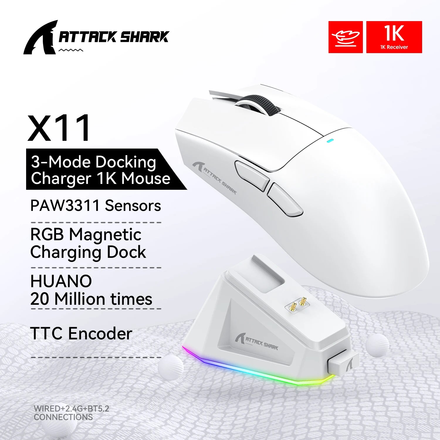 ATTACK SHARK X11 Wireless Gaming Mouse 22000DPI RGB Lightweight Tri-Mode with Charging Base