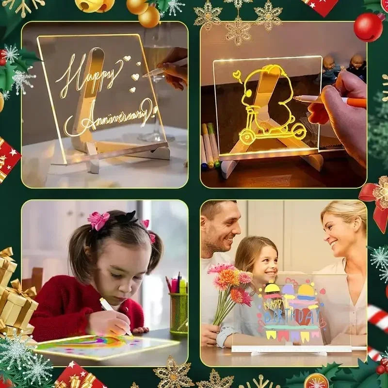 Magic LED glow drawing board for kids with acrylic memo pad, 7 colour markers pens and stand