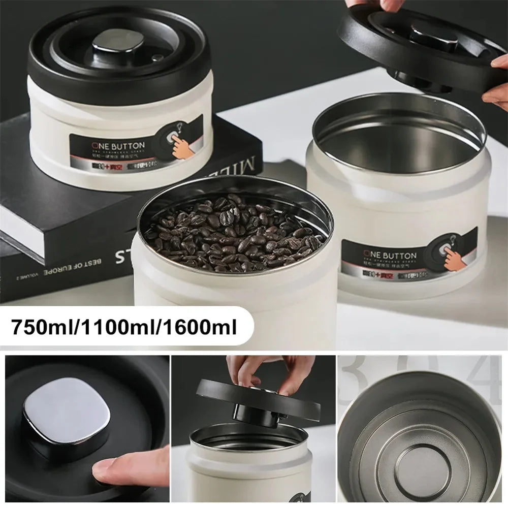 Stainless Steel Coffee Bean Vacuum Sealed Canister Airtight Storage Jar for Kitchen Organisation