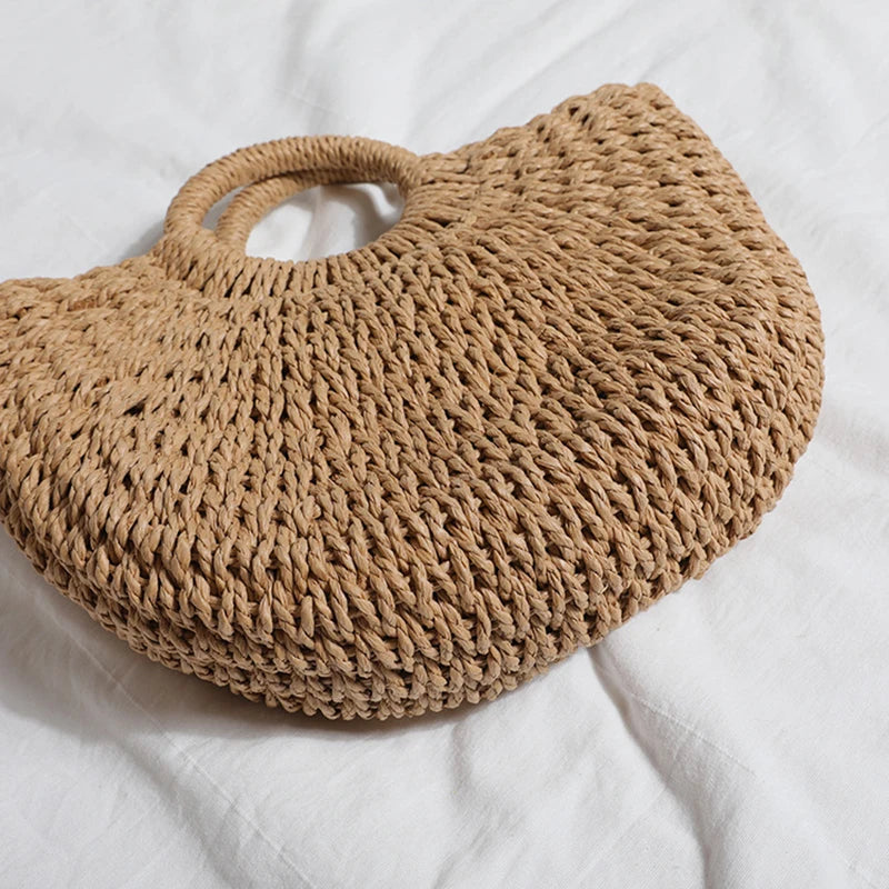 Moon-Shaped Handmade Straw Beach Bag – Boho Chic Summer Tote Handbag for Women & Holiday Travel