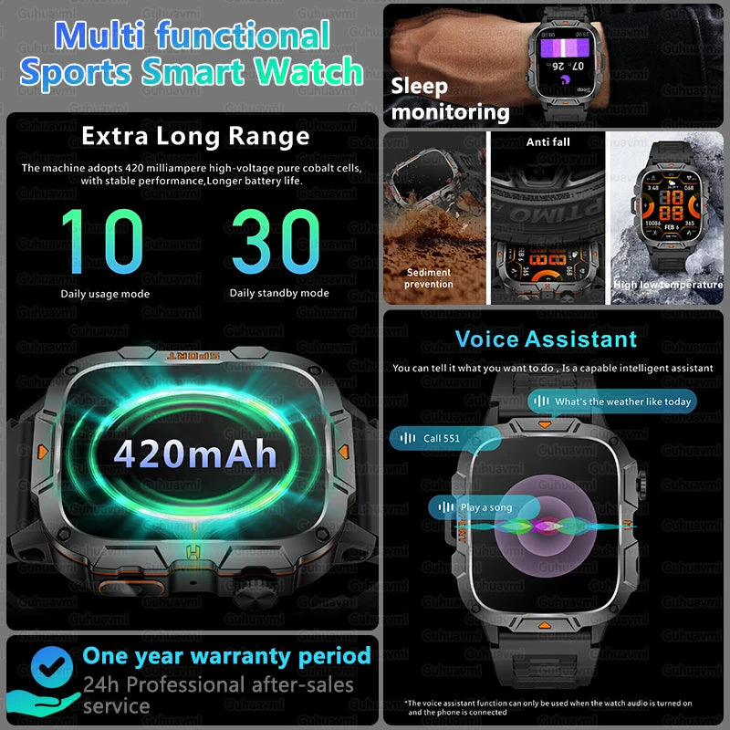 GUHUAVMI 2025 military grade smart watch men 1.96" amoled 5atm waterproof fitness tracker calls