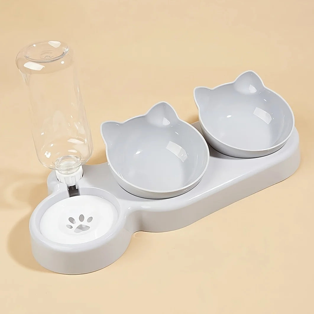 3 in 1 Tilted Cat Bowl Set with Gravity Water Bottle Feeder for Neck Protection | No Brand Name