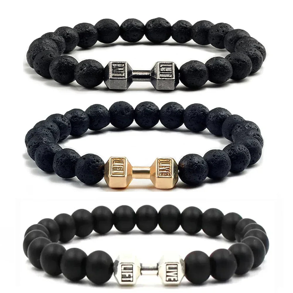 Lava Bracelet – Black Volcanic Stone with Matte Dumbbell Beads