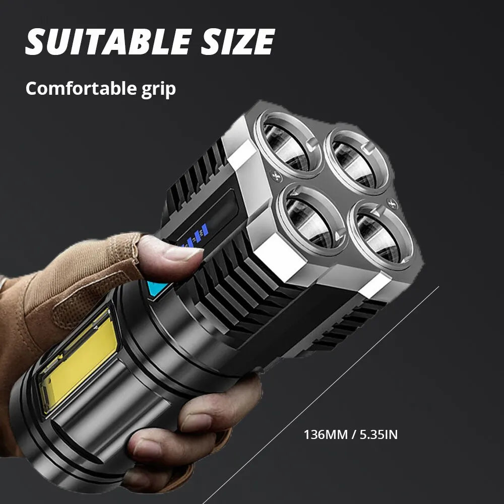 High Power LED Flashlight Camping Torch with 4 Lamp Beads COB Side Light Rechargeable