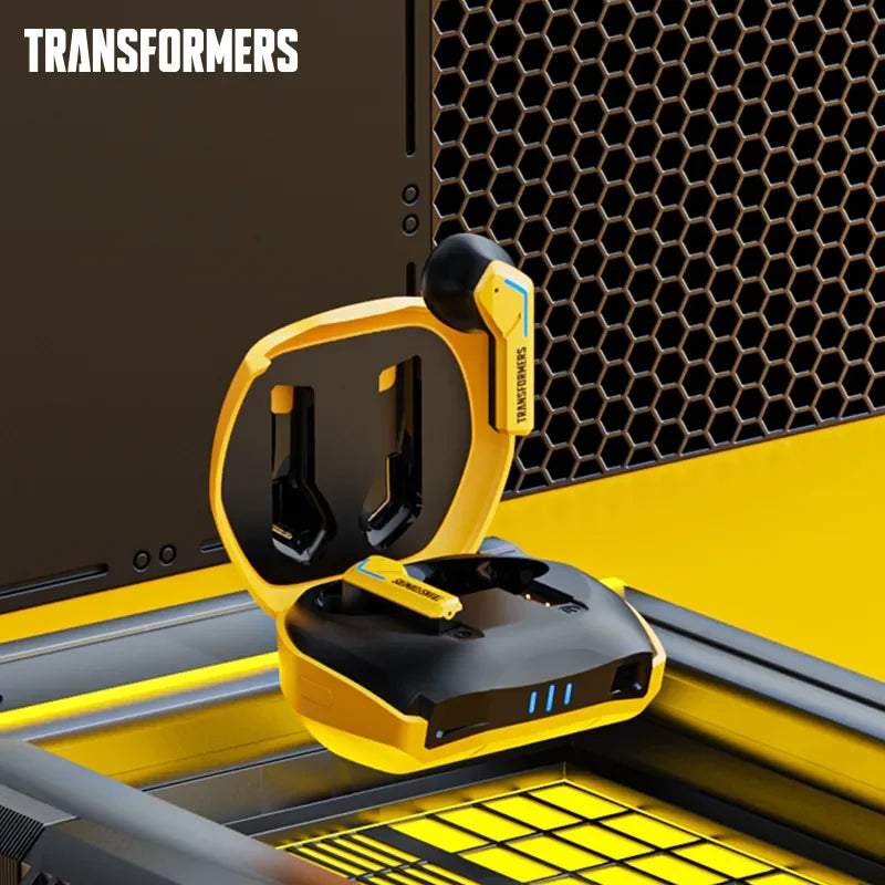 Transformers TF-T06 Bluetooth 5.3 gaming earbuds in charging case against a vibrant yellow background.