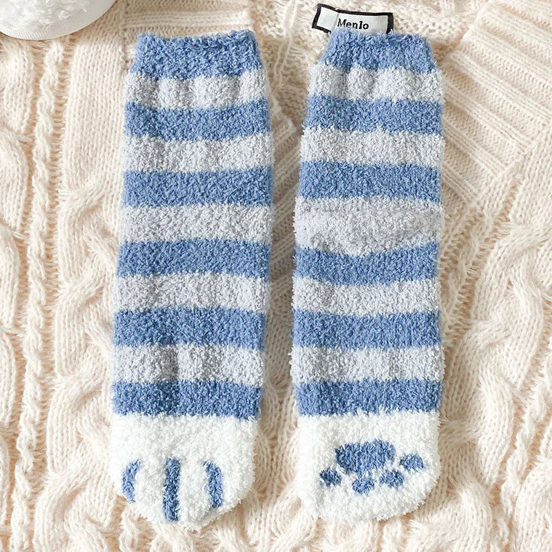 Autumn Winter Coral Velvet Cat Claw Socks – Warm Middle Tube Sleep & Floor Socks for Women Girls