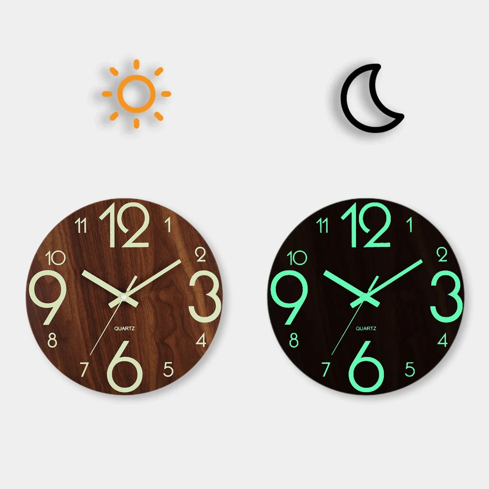 12 Inch Luminous Wooden Wall Clock Silent Non Ticking Nordic Style Night Light Modern Home Decor