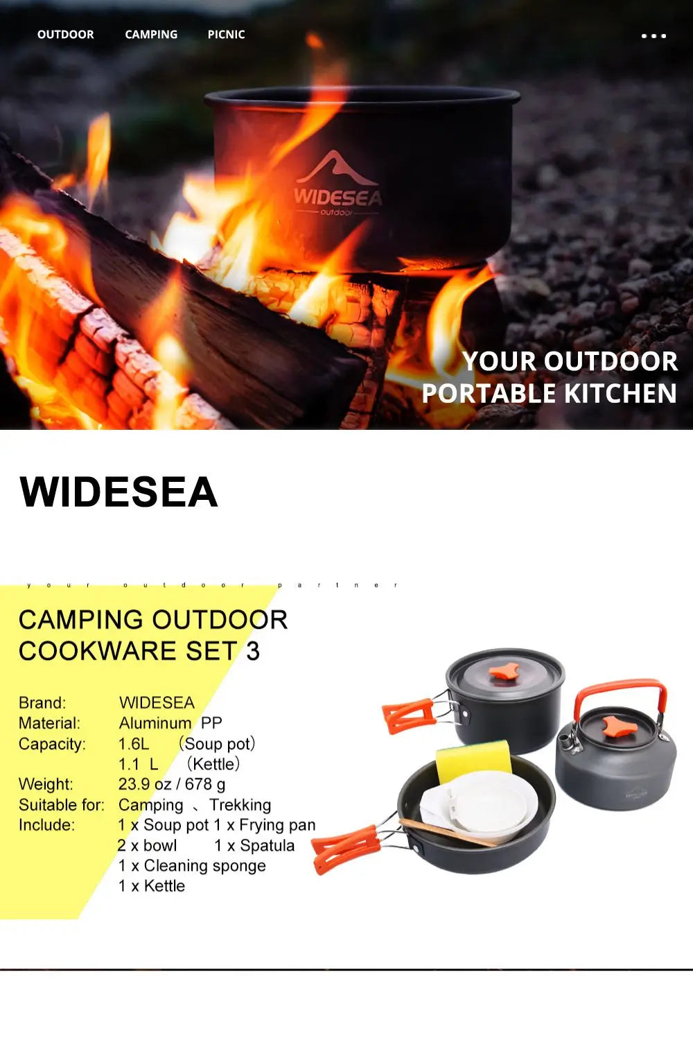 Widesea Camping Cookware Set | Lightweight Outdoor Pots & Tableware Kit