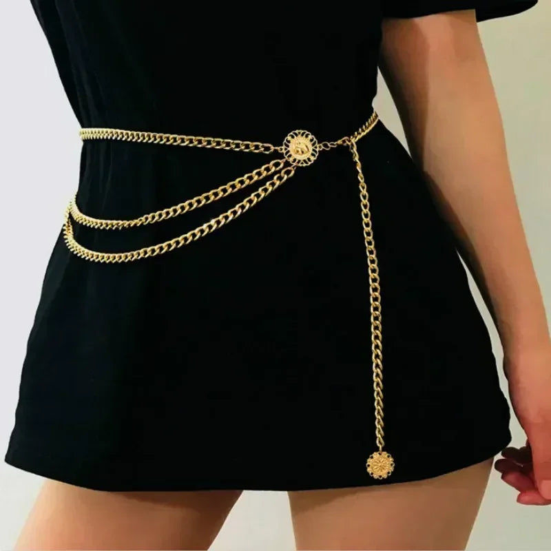 WOMEN FASHION BELT HIP HIGH WAIST GOLD SILVER NARROW METAL CHUNKY FRINGE CRYSTAL DIAMOND BELT
