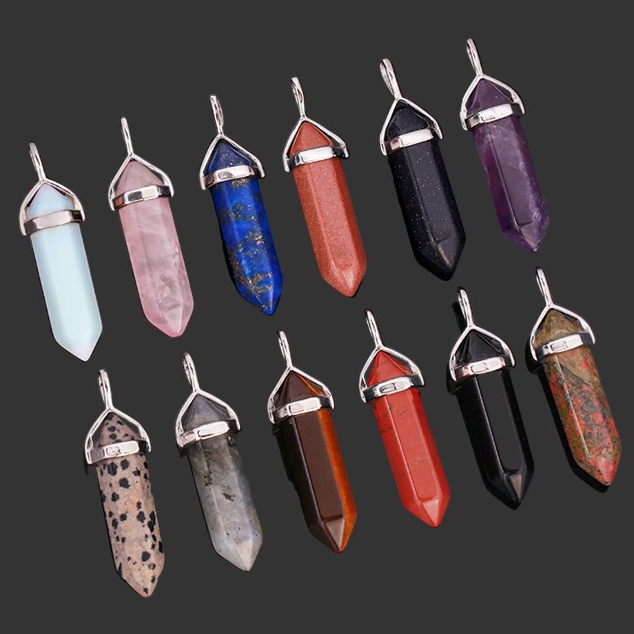 Natural Gemstone Hexagonal Bullet Necklace Quartz Crystal Pendant Chakra Healing Reiki Jewellery