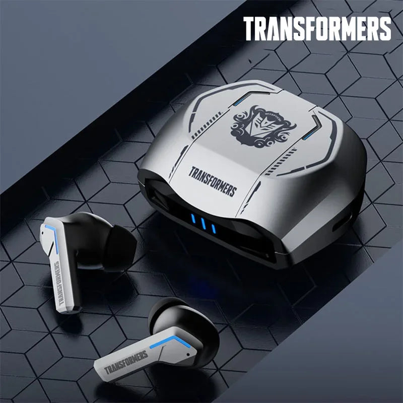 Transformers TF-T06 Bluetooth 5.3 gaming earbuds with charging case and sleek design.