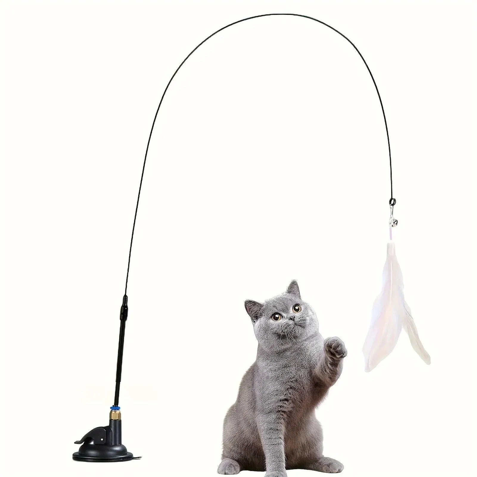 Interactive Cat Teaser Toy with Bell & Feather Wand – Long Suction Cup Pole for Active Playtime Fun
