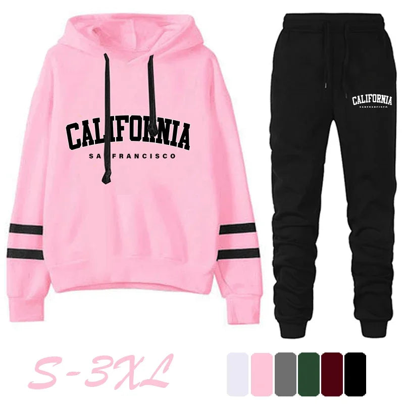 CALIFORNIA Women’s Tracksuit Casual Stripe Hooded Sweatshirt & Pants Set Sportswear S-3XL
