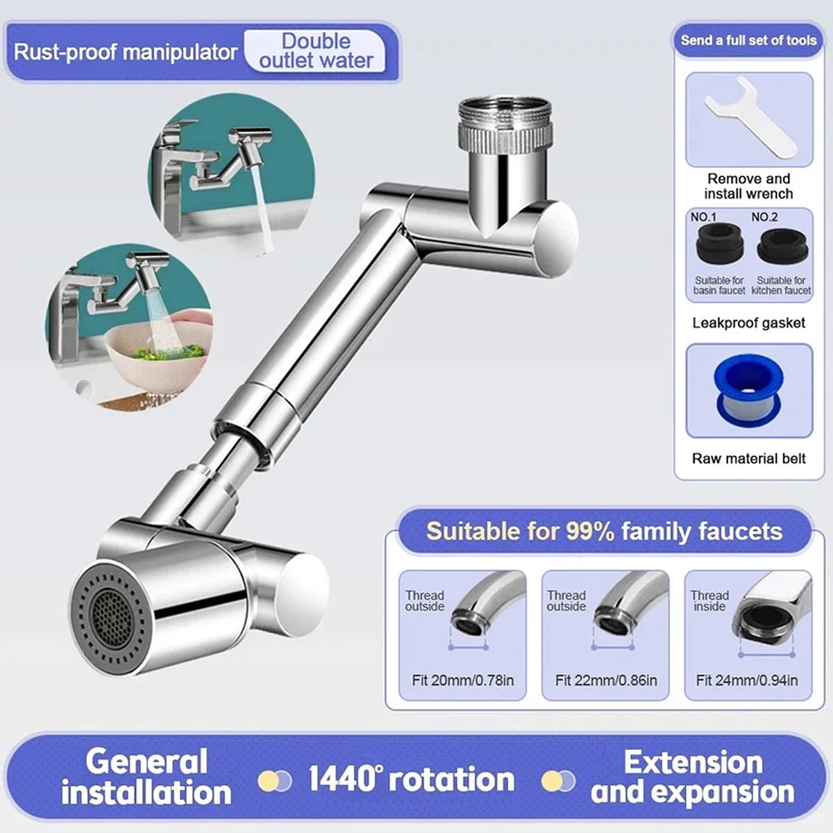 1440° Swivel Robotic Arm Faucet Aerator with Retractable Extension Universal Fit and Dual Flow Modes