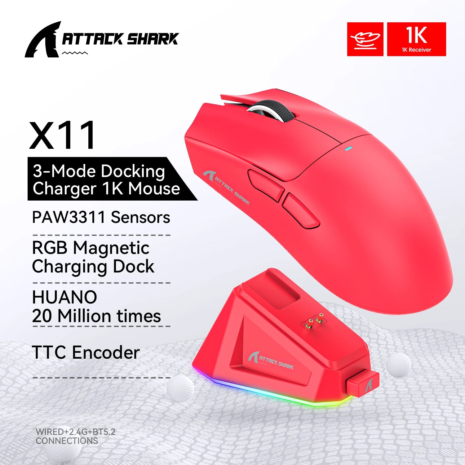 ATTACK SHARK X11 Wireless Gaming Mouse 22000DPI RGB Lightweight Tri-Mode with Charging Base