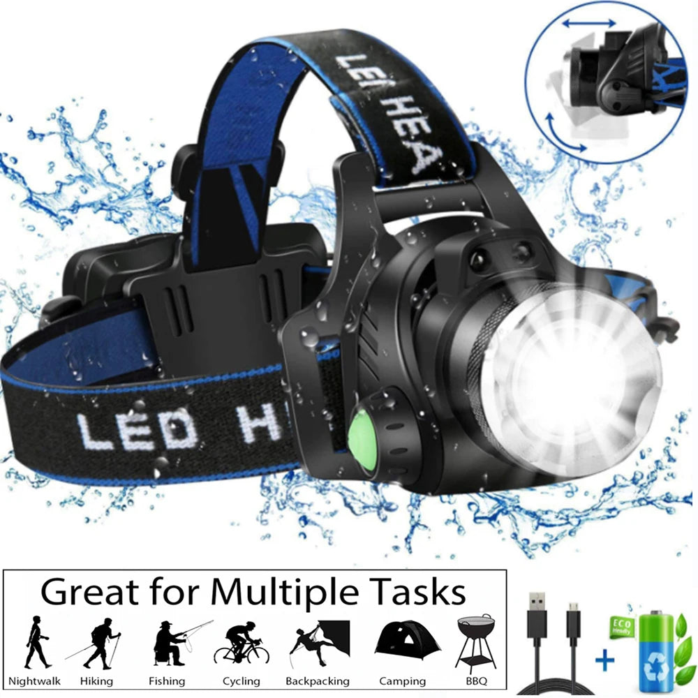 SUPER BRIGHT 10000 LUMEN LED HEADLAMP USB RECHARGEABLE ZOOMABLE WATERPROOF FOR CAMPING HIKING