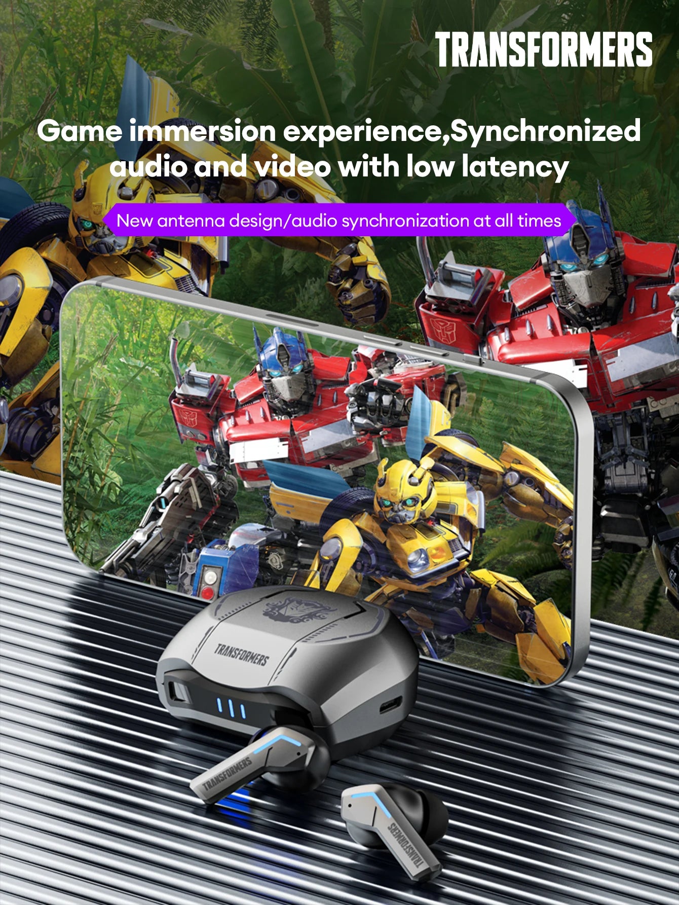 Transformers TF-T06 Bluetooth earbuds with gaming phone, showcasing synchronized audio and video for low-latency gaming experience.