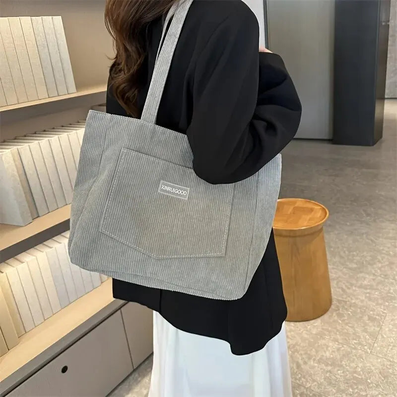 Trendy Corduroy Tote Bag with Front Pocket Large Capacity Casual Shoulder Handbag for Women