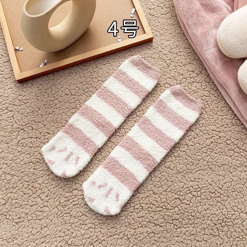 Autumn Winter Coral Velvet Cat Claw Socks – Warm Middle Tube Sleep & Floor Socks for Women Girls