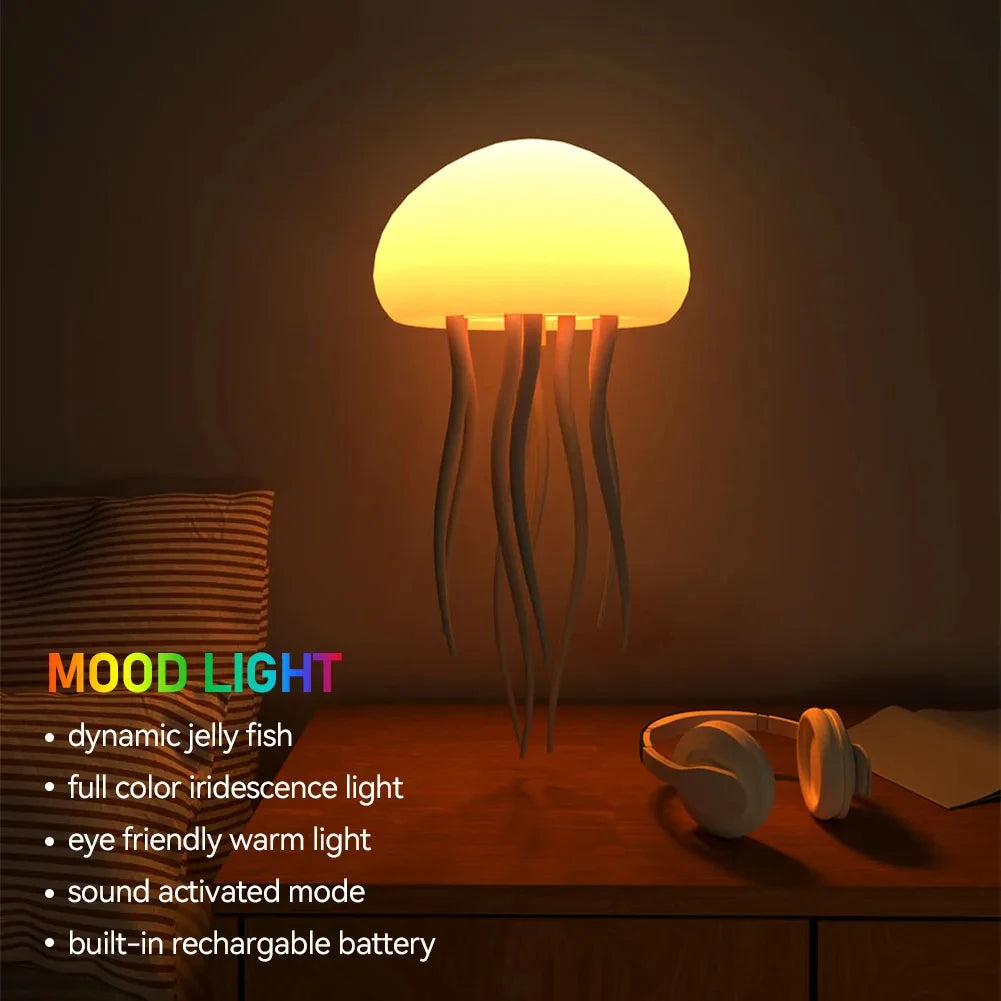 Cartoon Jellyfish LED Night Light RGB Rotating Bedside Lamp Voice Control Table Room Decoration