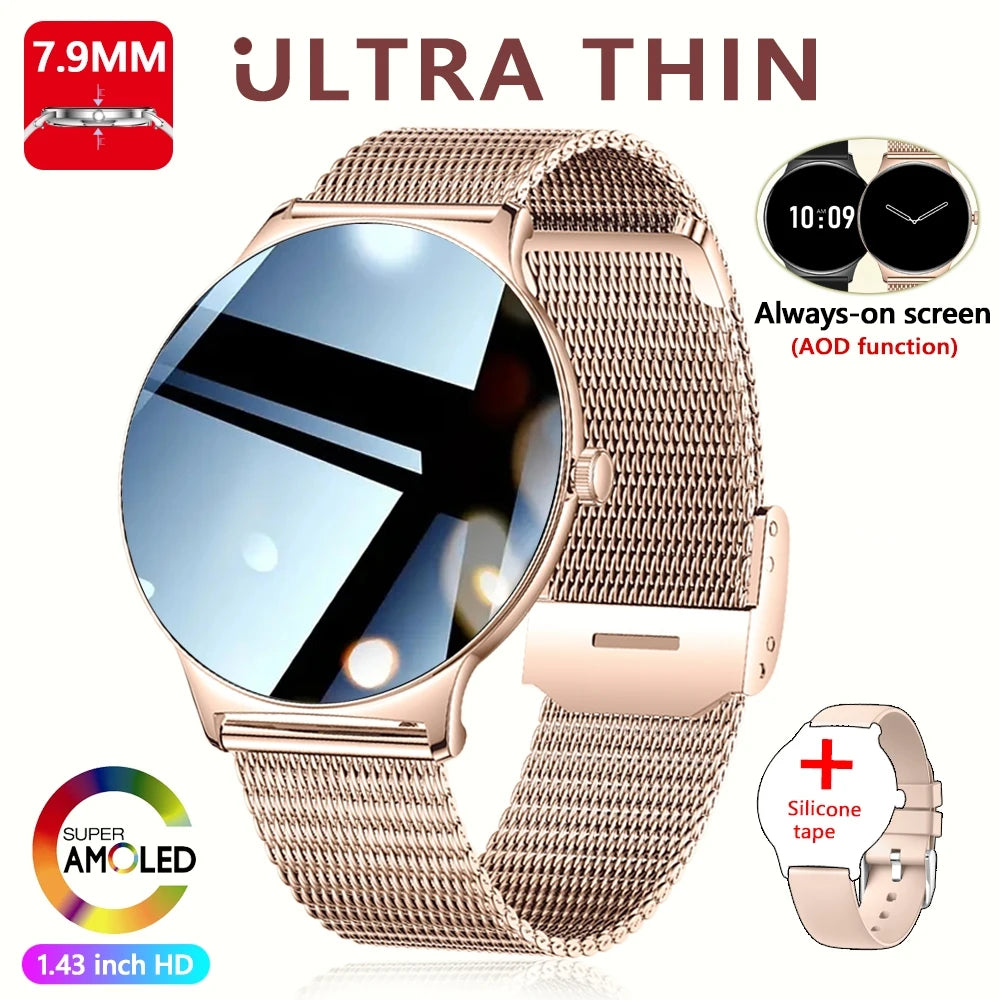 Ultra Thin Smart Watch Women 1.43 Inch AMOLED Screen Bluetooth Call Fashion Fitness Smartwatch