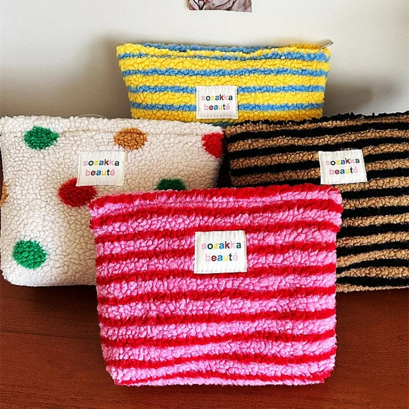 Striped Dot Plush Clutch Cosmetic Bag – Large Capacity Travel Makeup & Toiletries Pouch