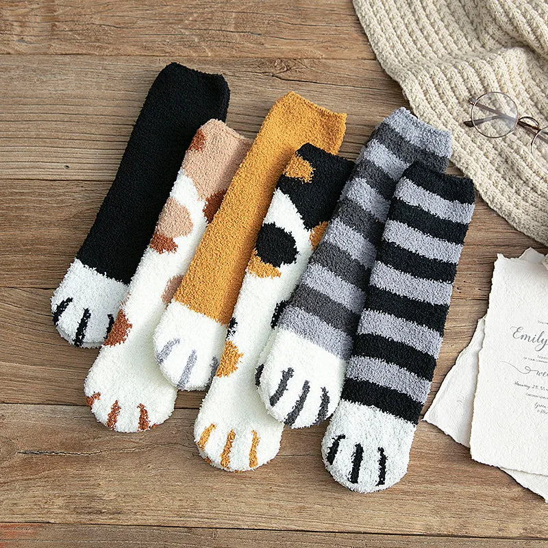 Autumn Winter Coral Velvet Cat Claw Socks – Warm Middle Tube Sleep & Floor Socks for Women Girls