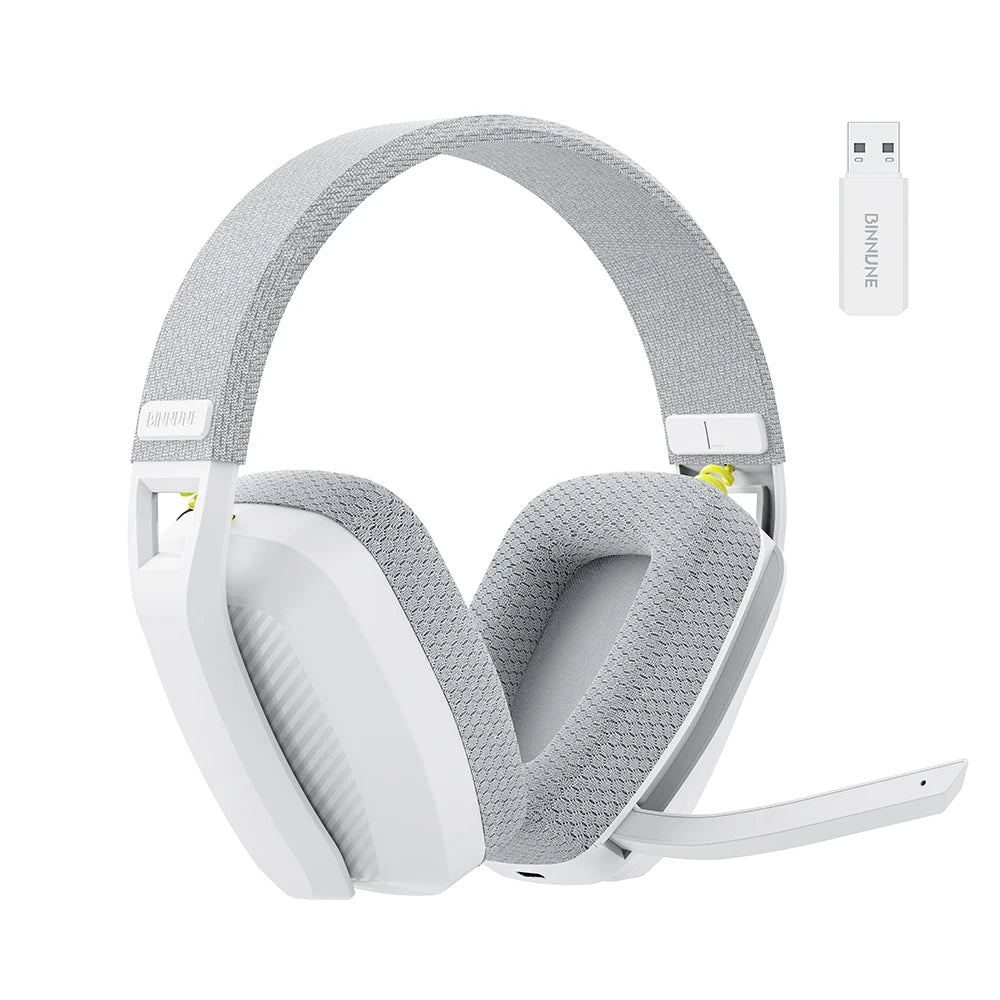 BINNUNE BW06 wireless gaming headset in white with USB dongle for dual-mode connectivity