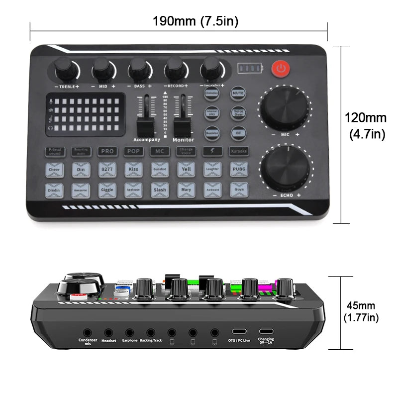 Professional F998 Live Sound Card Audio Interface with DJ Mixer Effects for Streaming and Recording