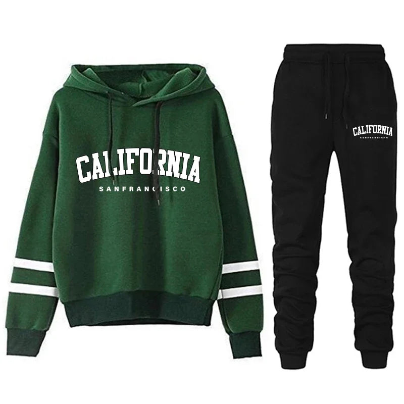CALIFORNIA Women’s Tracksuit Casual Stripe Hooded Sweatshirt & Pants Set Sportswear S-3XL