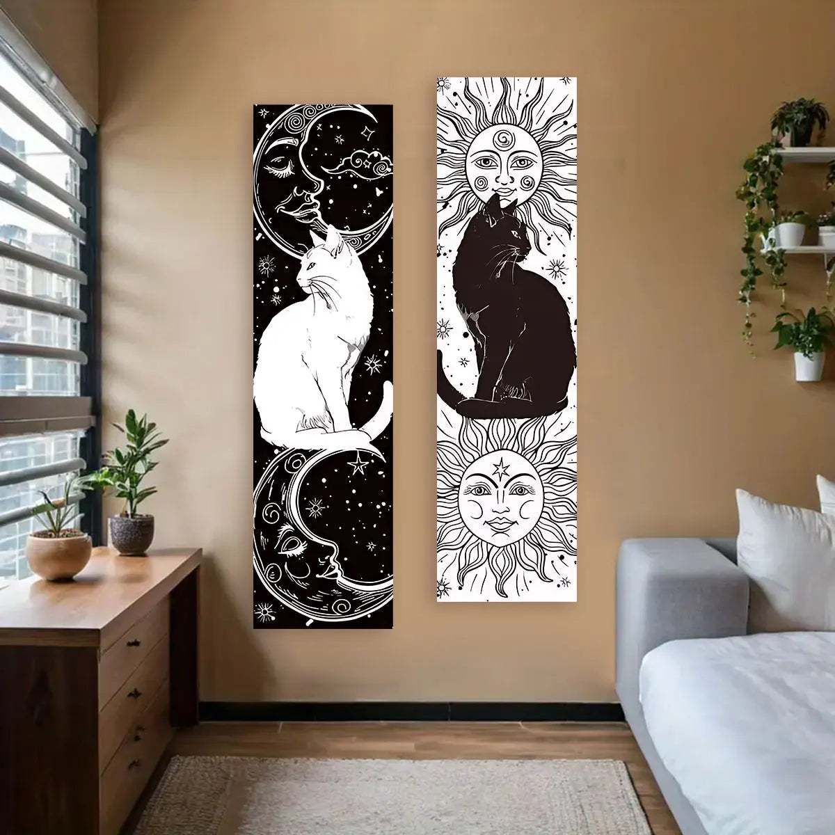 WHIMSY CAT Black & White Cat Vertical Tapestry Sun Moon Long Wall Hanging Starry Sky Decor