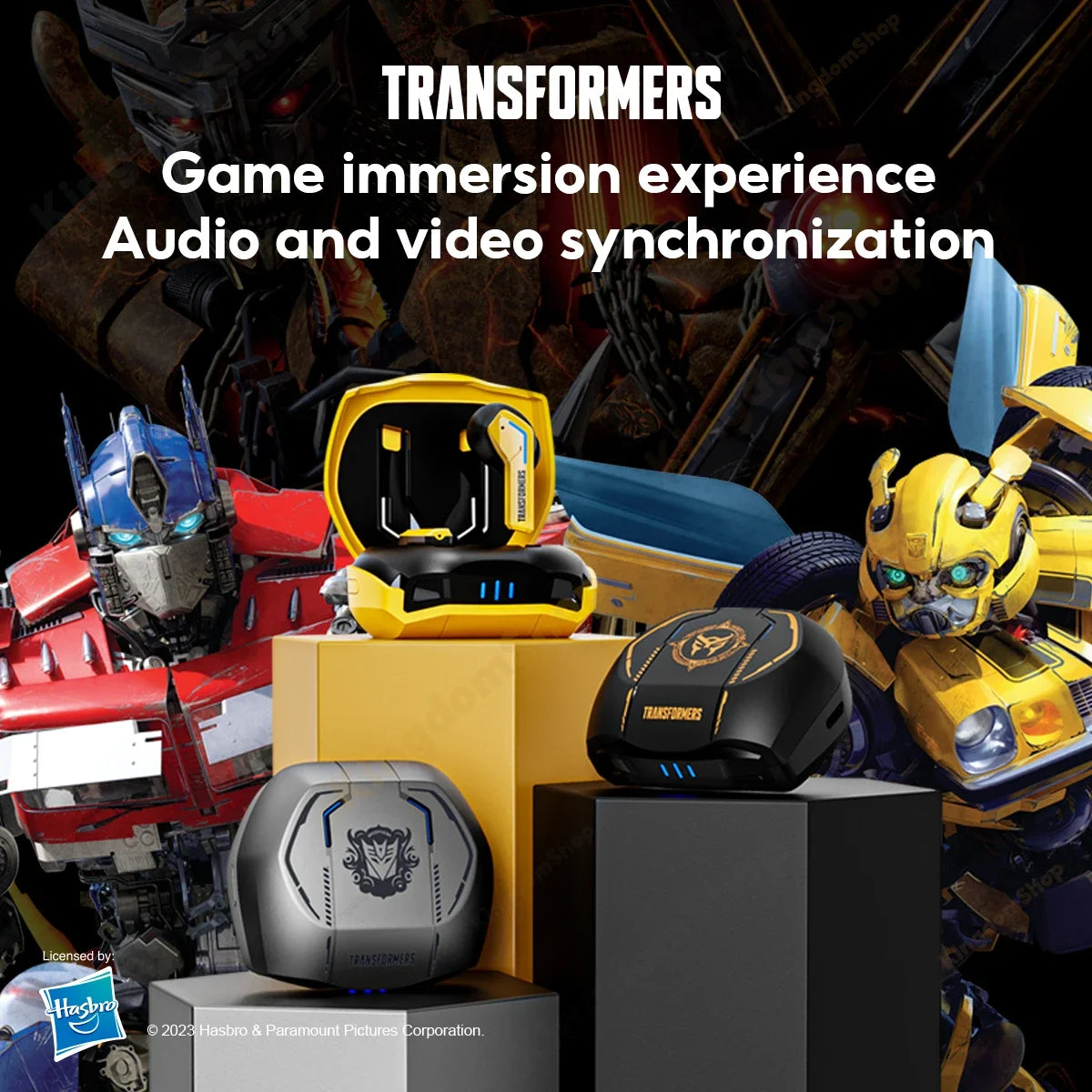 Transformers gaming earbuds featuring audio and video synchronization for immersive gaming experience.