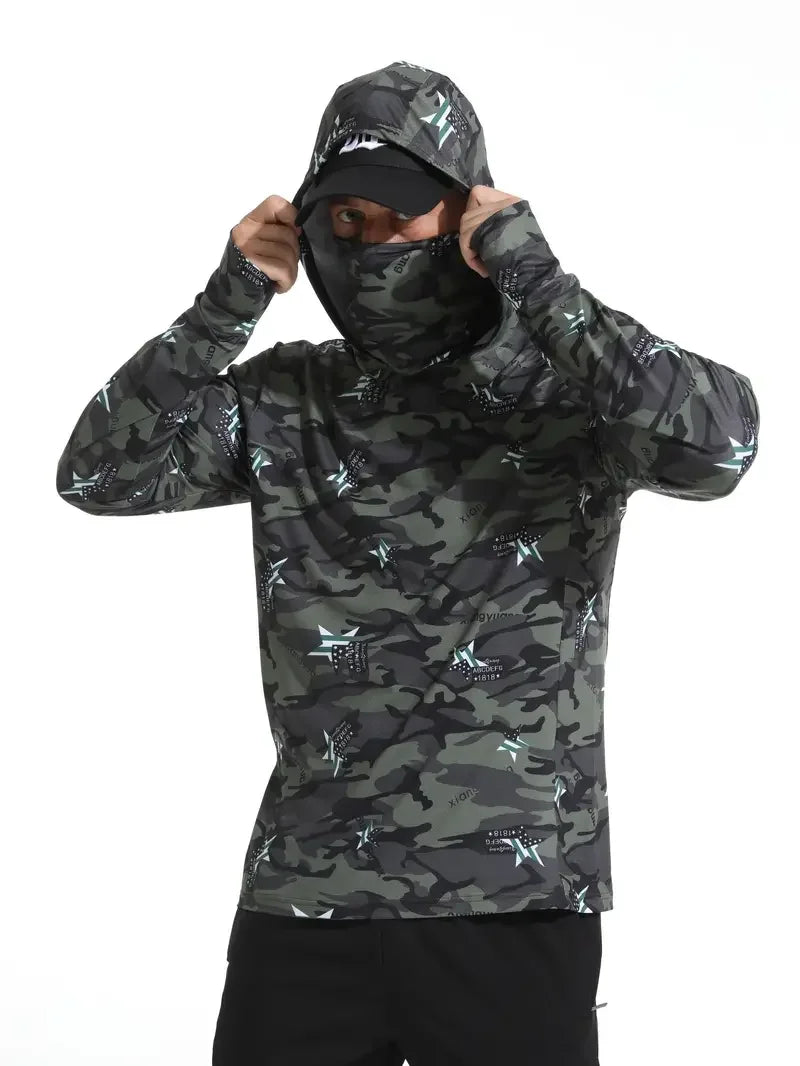 Men Hooded Fishing Shirt Outdoor Summer Mask Hoodie UV Sun Protection Quick-Dry Performance Jersey