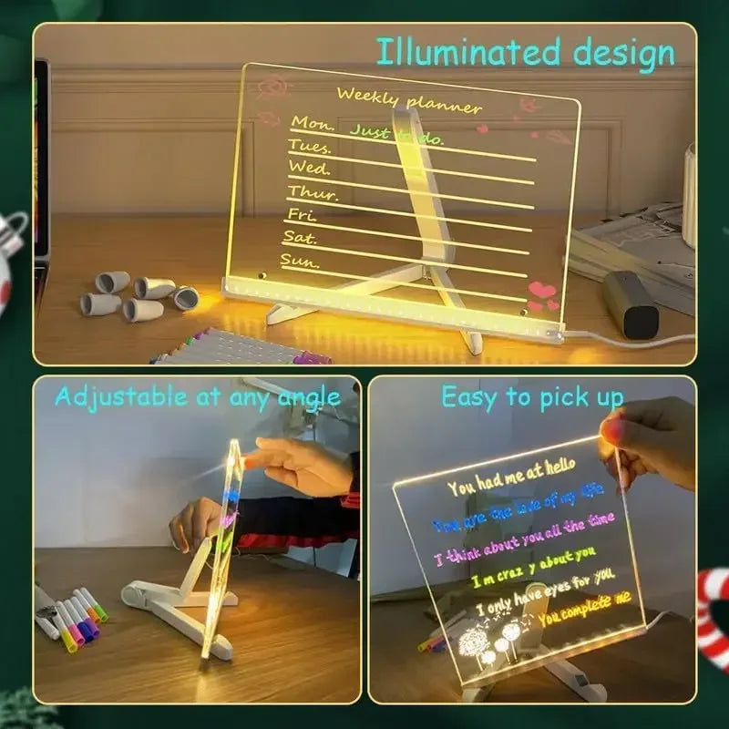 Magic LED glow drawing board for kids with acrylic memo pad, 7 colour markers pens and stand