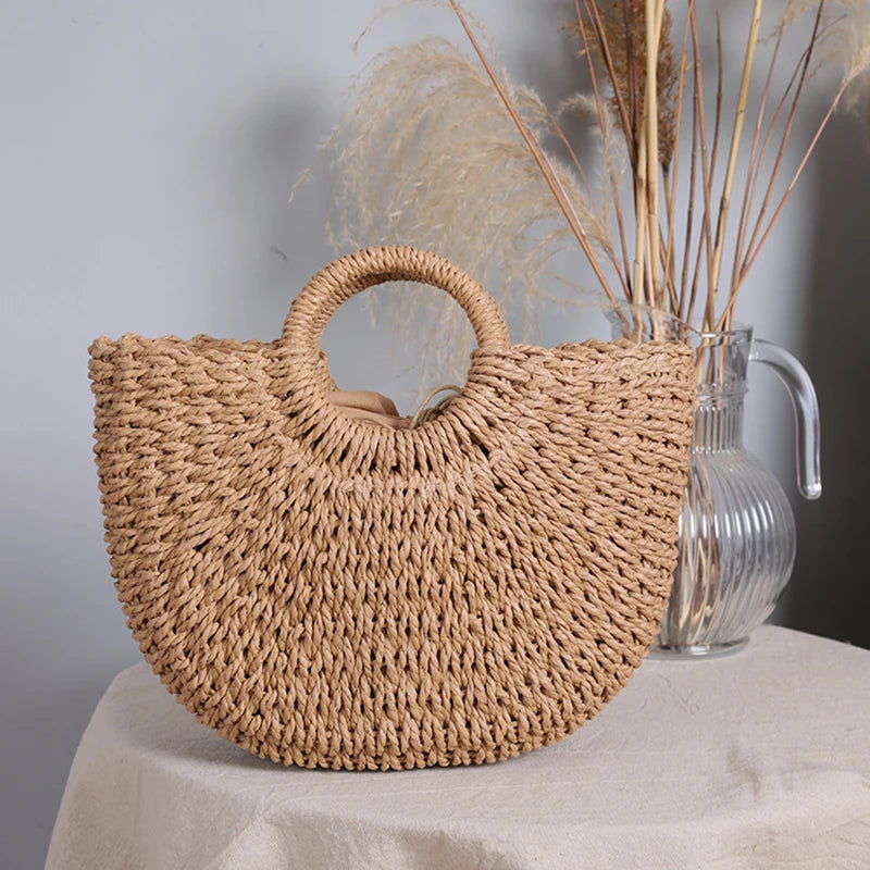 Moon-Shaped Handmade Straw Beach Bag – Boho Chic Summer Tote Handbag for Women & Holiday Travel