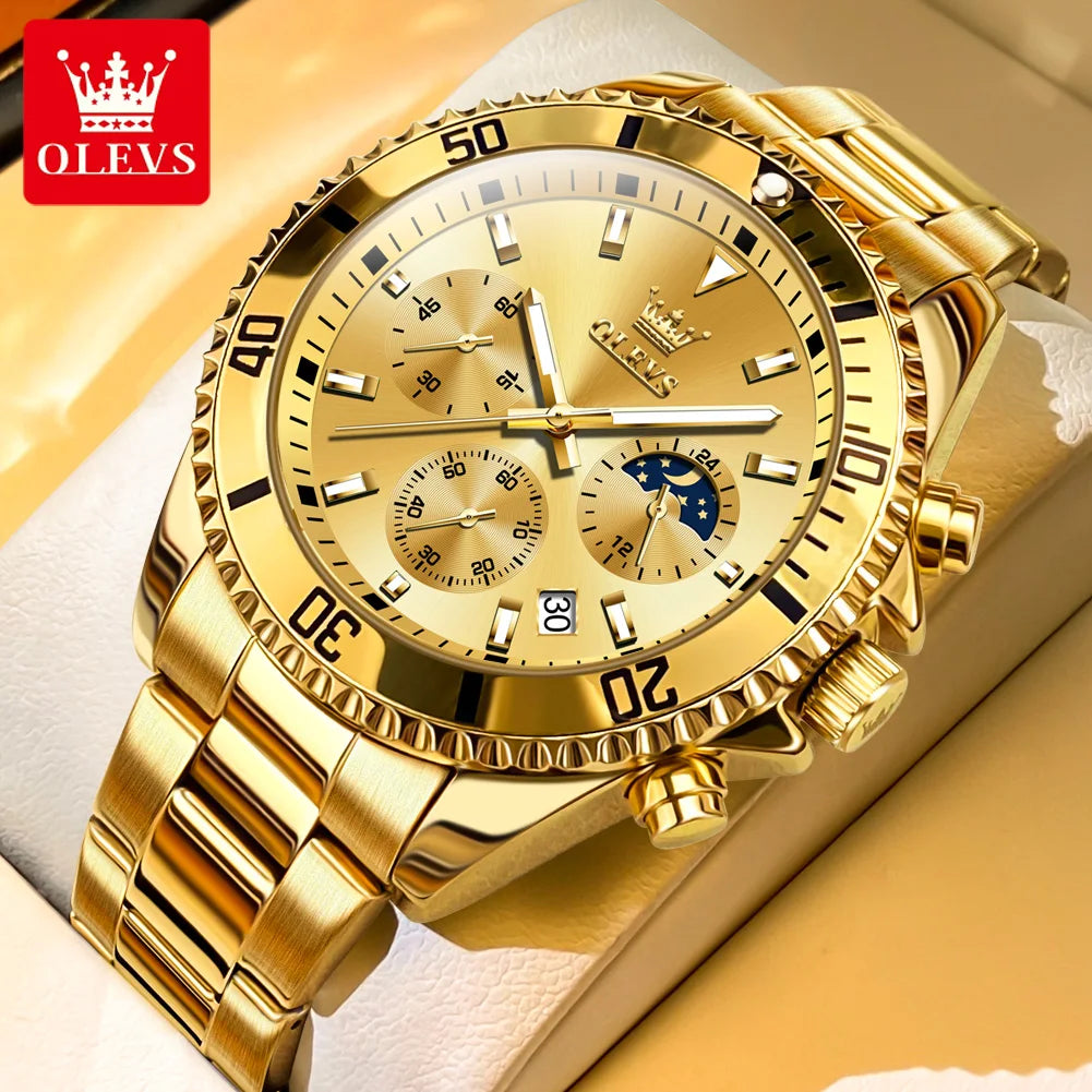 OLEVS 2870 LUXURY GOLDEN WATCH FOR MEN BUSINESS FASHION WATERPROOF QUARTZ MOON PHASE TIMEPIECE