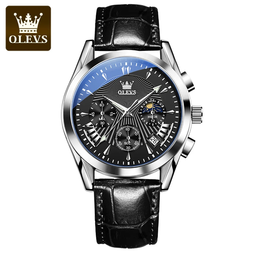 OLEVS Luxury Men’s Quartz Watch Waterproof Chronograph Wristwatch with Leather Strap for Business