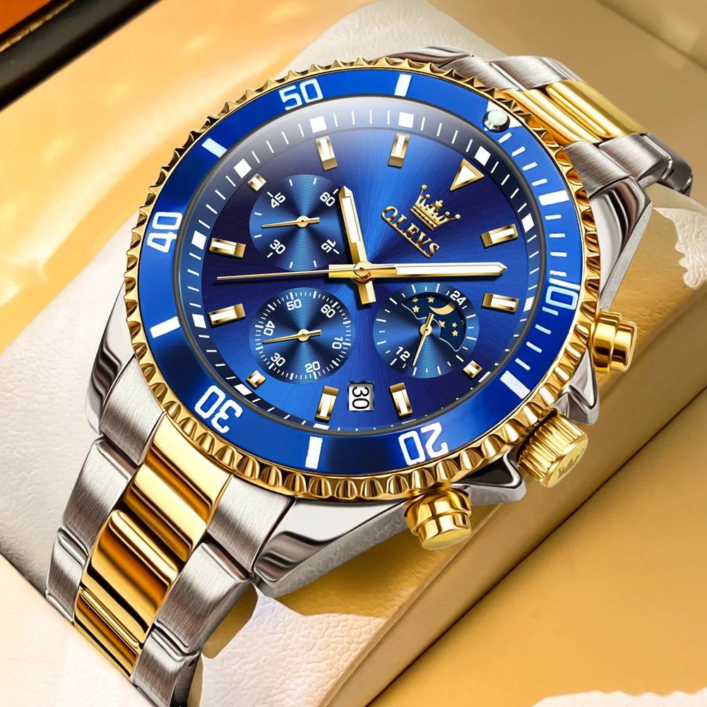 OLEVS 2870 LUXURY GOLDEN WATCH FOR MEN BUSINESS FASHION WATERPROOF QUARTZ MOON PHASE TIMEPIECE