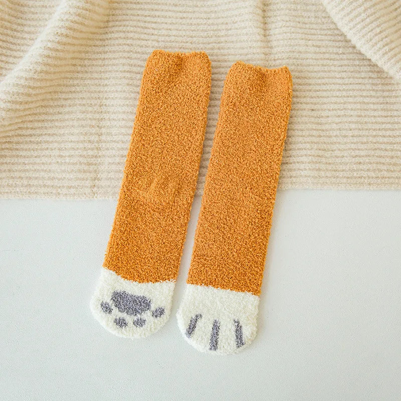 Autumn Winter Coral Velvet Cat Claw Socks – Warm Middle Tube Sleep & Floor Socks for Women Girls
