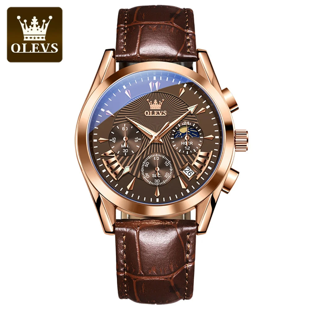 OLEVS Luxury Men’s Quartz Watch Waterproof Chronograph Wristwatch with Leather Strap for Business
