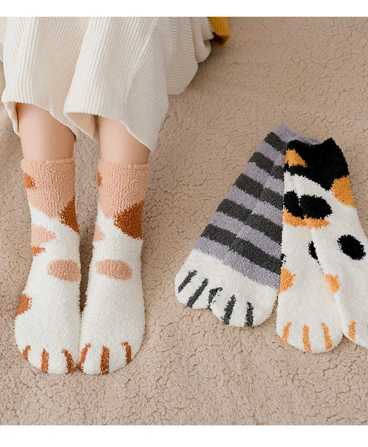 Autumn Winter Coral Velvet Cat Claw Socks – Warm Middle Tube Sleep & Floor Socks for Women Girls