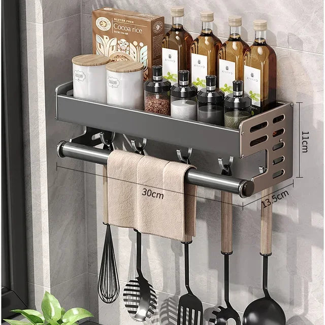 Multi-Functional Wall-Mounted Kitchen Storage Rack | Metal Seasoning & Condiment Organiser