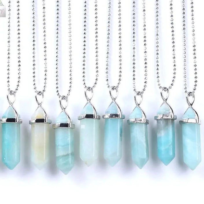 Natural Gemstone Hexagonal Bullet Necklace Quartz Crystal Pendant Chakra Healing Reiki Jewellery